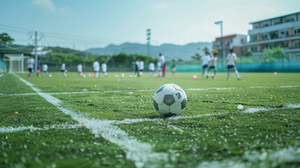 A soccer ball on a field with kids practicing behind it.
