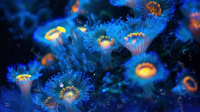 beautiful underwater scene with bioluminescent coral polyps feeding in darkness. seamless looping overlay 4k virtual video animation background