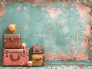 Travel illustration with a border of vintage suitcases and globes on a pastel background