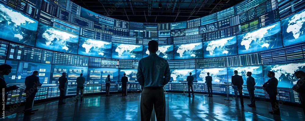 Poster it security experts monitoring network traffic on multiple large screens in a futuristic control cen