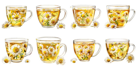 Set of Chamomile Tea With Floating Flowers isolated on transparent png background. Generative ai