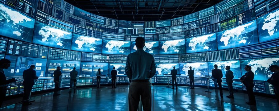 IT Security Experts Monitoring Network Traffic on Multiple Large Screens in a Futuristic Control Center