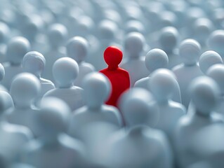 Striking Red Figure Amid Uniform Crowd Symbolizing Individuality