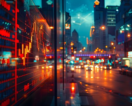 Vibrant Nighttime City Scene with Market Data Displays