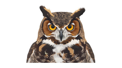 Obraz premium A large owl with yellow eyes stares at the camera. Isolated on transparent background.