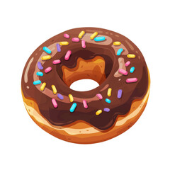 A chocolate donut with rainbow sprinkles on top. Isolated on transparent background.
