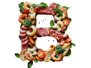 Creative food letter B made with various ingredients like fruits, vegetables, meat, seafood, bread, and herbs on white background.