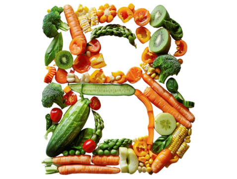 Creative letter B made from various fresh fruits and vegetables, showcasing healthy eating and natural foods concept.