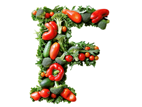 Creative letter F made from fresh vegetables including bell peppers, broccoli, cherry tomatoes, and leafy greens. Healthy eating concept.