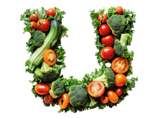 Fresh vegetables arranged in the shape of the letter U, including tomatoes, broccoli, and zucchini, isolated on a white background.