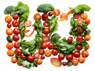 Healthy food alphabet: Letter 'B' made from fresh vegetables including broccoli, tomatoes, and leafy greens.