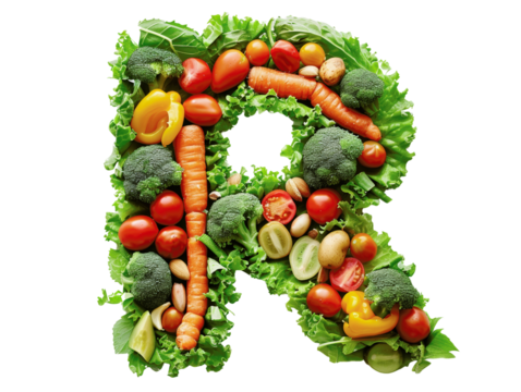 Creative letter R made from vegetables and fruits, featuring broccoli, tomatoes, peppers, and leafy greens. Ideal for healthy food concepts.