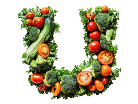 Fresh vegetables arranged in the shape of the letter U, including tomatoes, broccoli, and zucchini, isolated on a white background.