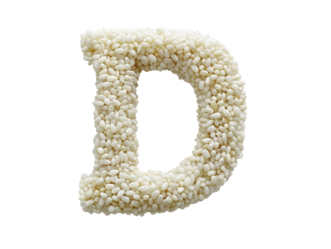 Letter D shaped with white sesame seeds on a transparent background. Creative design concept for culinary and alphabet-themed projects.