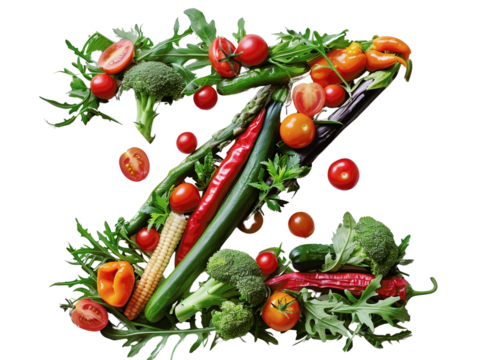 Fresh vegetables arranged in the shape of the letter Z, isolated on a white background, featuring tomatoes, broccoli, corn, and peppers.