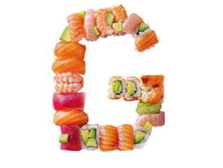 Creative sushi typography letter G made from assorted sushi pieces, combining vivid colors and textures in a delicious sushi art form.