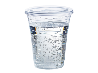 Clear plastic cup filled with sparkling water, isolated on white background. Refreshing and hydrating beverage for any occasion.