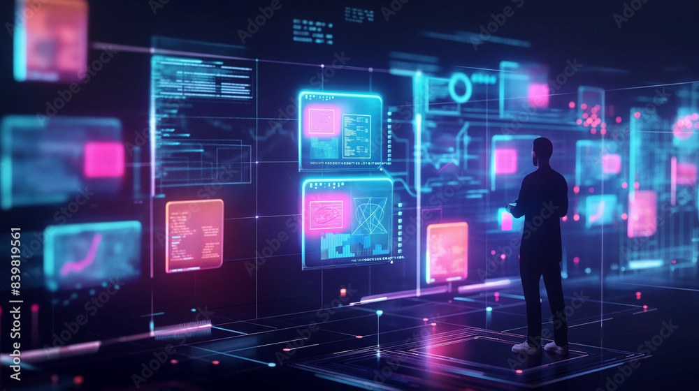 Wall mural person standing in futuristic data monitoring room, digital data management system software technolo