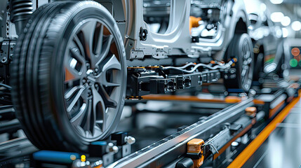 Fototapeta premium Mass production assembly line of electric vehicle close-up view.
