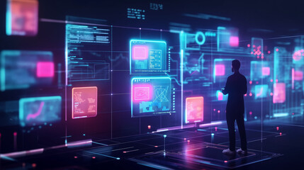 Fototapeta premium person standing in futuristic data monitoring room, digital data management system software technology hologram, futuristic business managing software tech, internet data