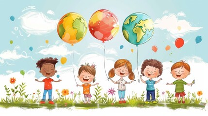 Cartoon vector children releasing balloons with messages about protecting the ozone layer Generative AI