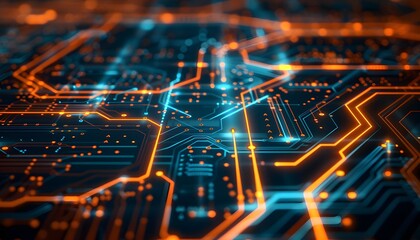 Fototapeta premium Glowing digital circuit board with futuristic lines and particles. Advanced tech abstraction.