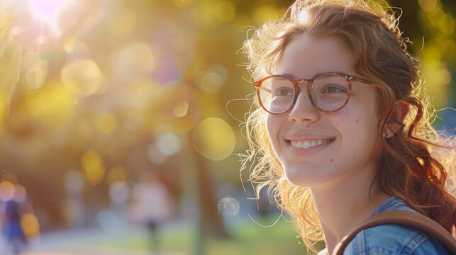 Close-up to smoling student girl in summer mood