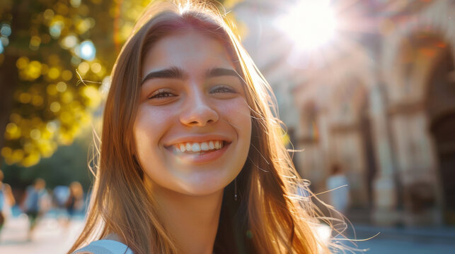 Close-up to smoling student girl in summer mood