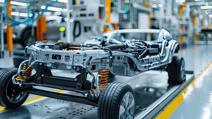 Fototapeta premium Mass production assembly line of electric vehicle close-up view.