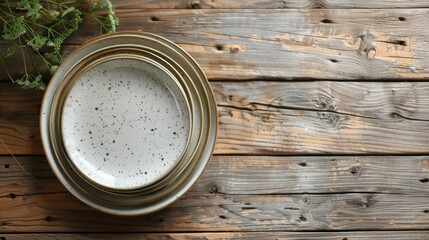 Stacked ceramic plates, speckled design, on a rustic wooden table with greenery in the corner, evoking a cozy atmosphere. Created with Generative AI.