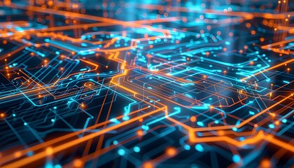 Fototapeta premium Futuristic digital circuit board with dynamic glow lines. Advanced tech backdrop.