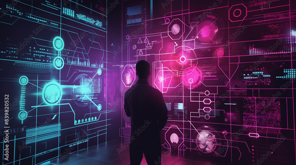 Wall mural person standing in futuristic data monitoring room, digital data management system software technolo