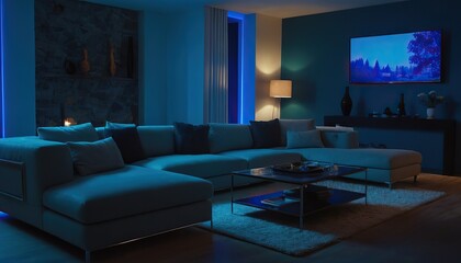 Modern luxury bed room night view blue led light