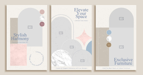 Chic marble brochures with geometric patterns isolated on beige background.
