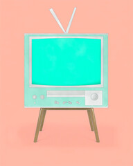 A green and white television is on a pink background