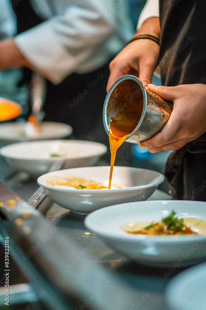 Wall mural a person is pouring a sauce into a bowl of food