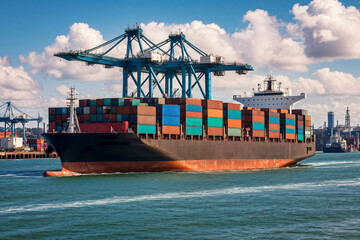 Fototapeta premium Giant cargo ships filled with containers sail in the city's harbor