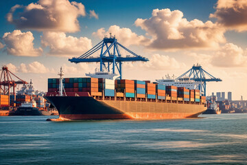Fototapeta premium Giant cargo ships filled with containers sail in the city's harbor