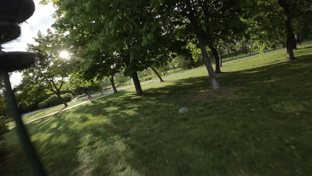 Immerse yourself in the vibrant atmosphere of a picturesque park as you join a roller blader on an exhilarating journey. The park comes alive with lush green trees, providing a refreshing canopy from