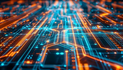 Futuristic digital circuitry with illuminated glow lines. Advanced tech concept.