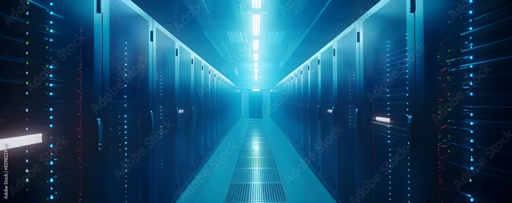 Poster futuristic quantum computing research lab with supercomputers running complex simulations