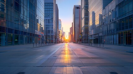 Fototapeta premium Empty Business District at Sunrise with Glass Skyscrapers and Urban Landscape