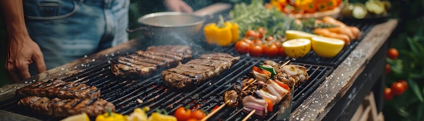 Outdoor Family Barbecue Feast with Cooking and Eating Together in Lush Garden Setting