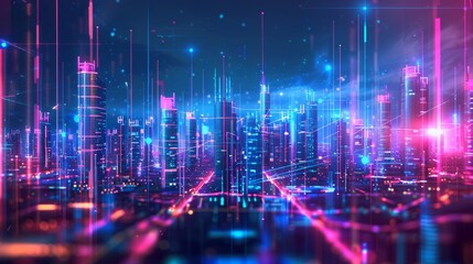 Obraz premium cityscape with space and neon light effect. Modern hi-tech, science, futuristic technology concept. Abstract digital high tech city design for banner background