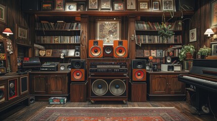 An LP bar with lots of LPs in the cabinet. 