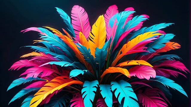 A close-up shot of vibrant tropical feathers in pink, blue, and orange against a dark background
