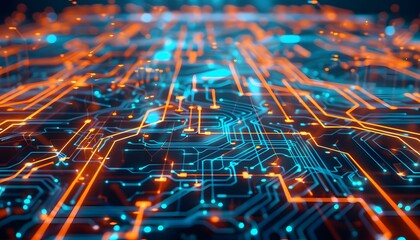 Glowing lines and particles on illuminated digital circuit board. Cutting-edge tech abstraction.