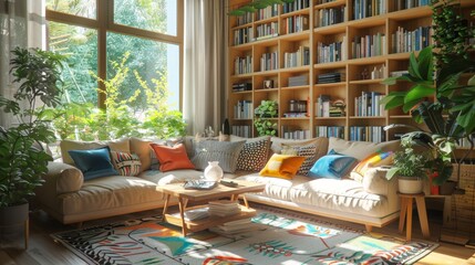 A well-lit cozy living room with a large window offering a garden view, modern furniture including a sofa with colorful cushions, a wooden coffee table, and a bookshelf filled with books and plants