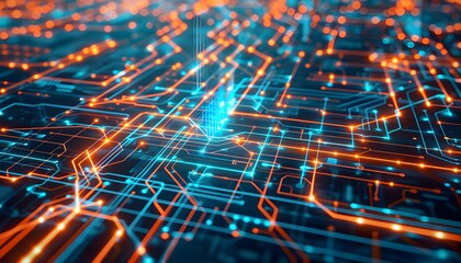 Fototapeta premium Futuristic digital circuit board with glowing particles. Advanced tech concept.