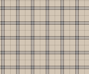 Plaid pattern, cream, black, white, seamless for textiles, and for designing clothing, skirts, pants or decorative fabric. Vector illustration.